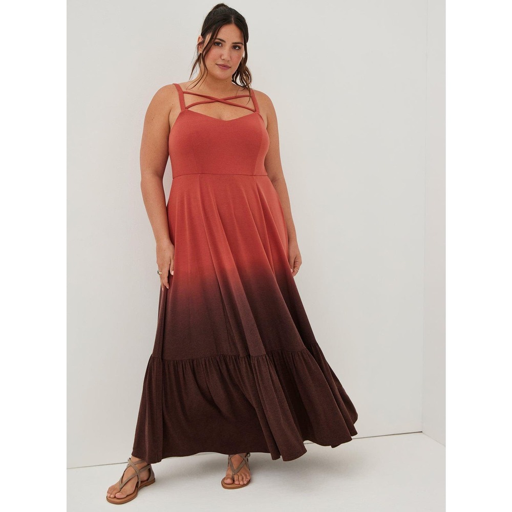 NWT Torrid Super Soft Maxi Jersey Tiered Strappy Red Dip Dye Dress Size 00X (10) - Picture 1 of 2